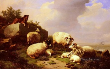ユージン・ヨーゼフ・フェルベックホーフェン Painting - 海岸沿いで群れを守る Eugene Verboeckhoven 動物 羊